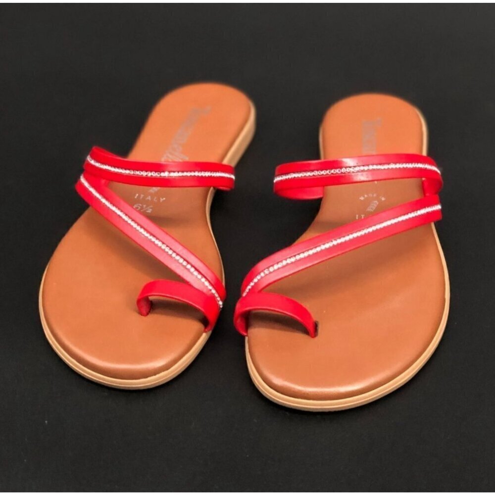 Toscanella Women's Slip-On Flat Sandals Size 6.5 Red Rhinestone Straps Summer